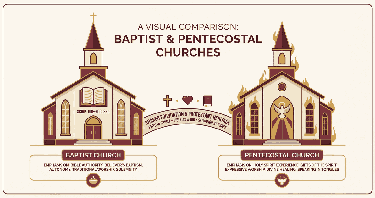Dos edificios de iglesia representando diferentes denominaciones