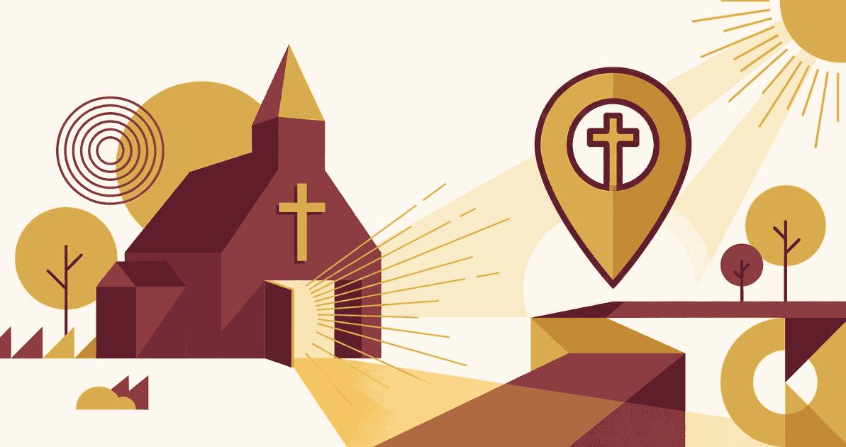Pin de mapa en edificio de iglesia representando encontrar una iglesia Pentecostal cercana