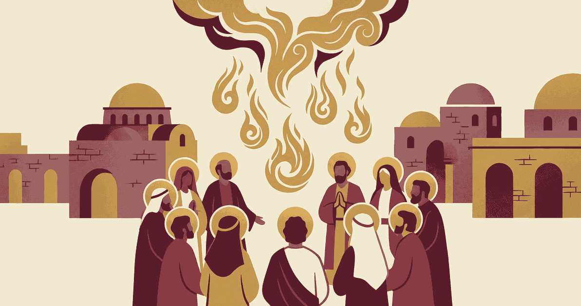 Llamas de fuego sobre personas representando el Día de Pentecostés en Hechos 2
